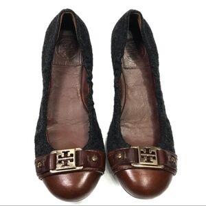 Tory Burch Gray Wool Brown Ballerina Flats Sz 6.5